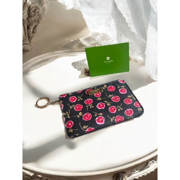 Kate Spade Laurel Floral Black Red Pink Roses Wallet Key Chain Card Holder - Picture 3 of 6